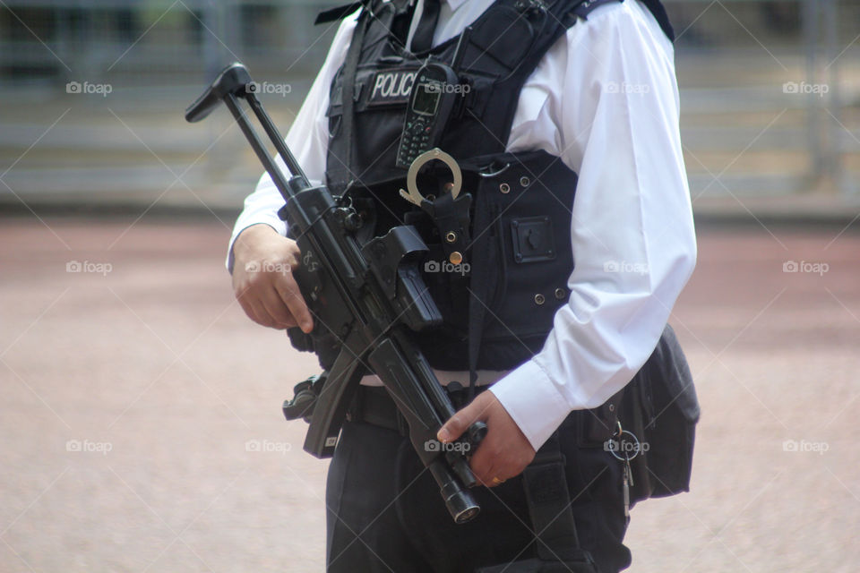 British armed police officer London England 
