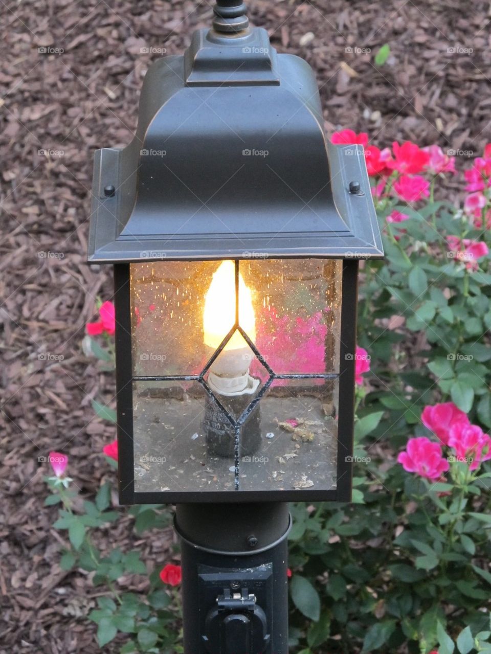 Lamp post in flower garden