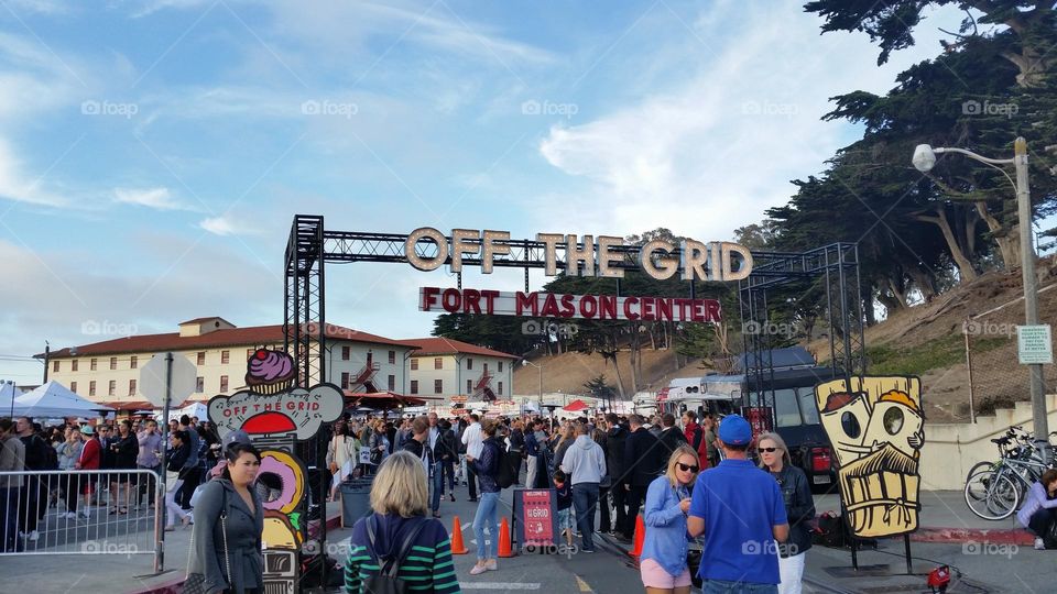 Off the Grid food truck and music gathering on Friday nights in San Francisco California at Fort Mason in the summer 