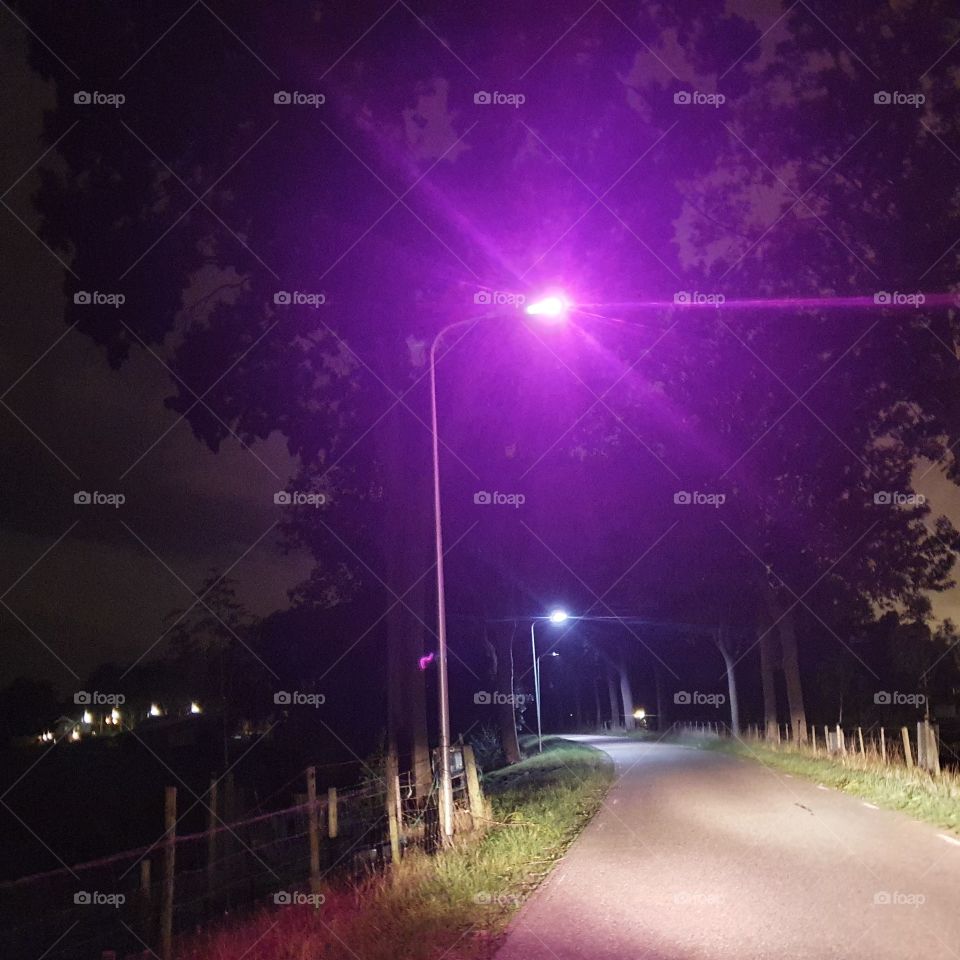 Lamppost with purple light along a dike. The Netherlands