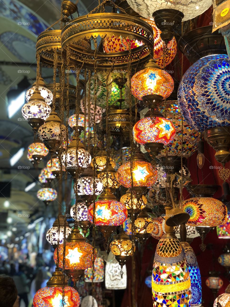 Ottoman mosaic lamps at the Grand Bazaar market, Istanbul, Turkey