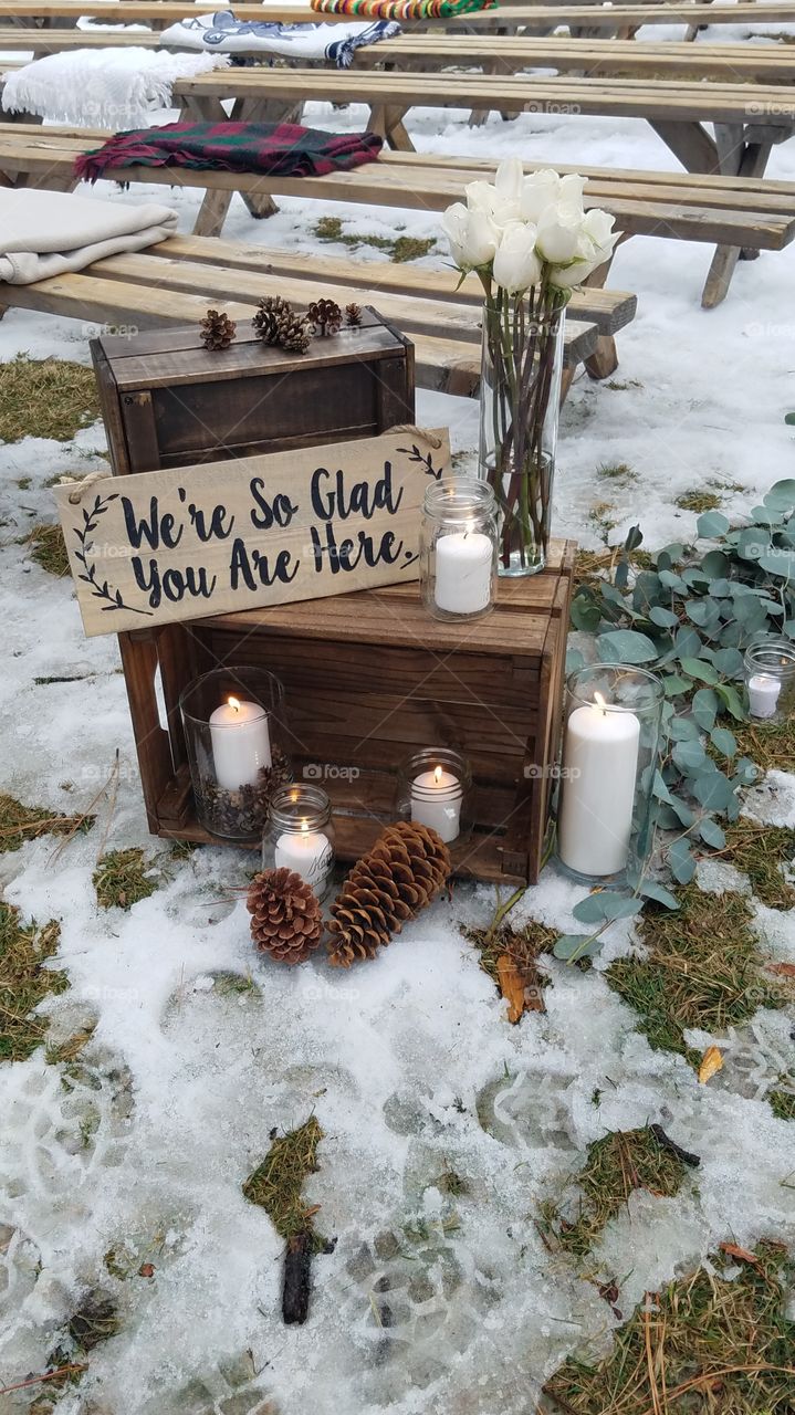Winter Wedding Sign with Candles and Pinecones
