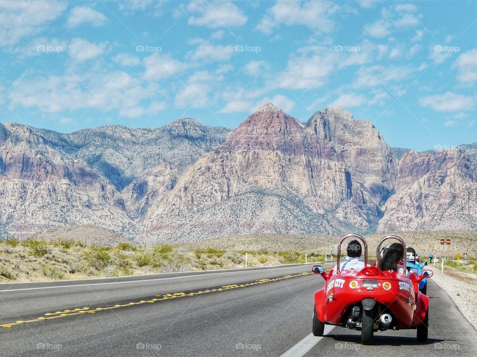 View of Red Rock National Conservation Area from a three wheel scooter. 