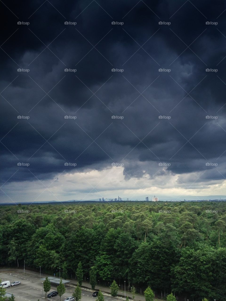 Dark clouds over skyline 