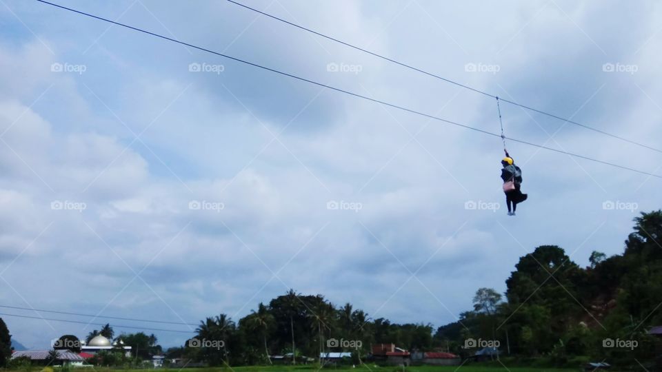 Flying fox, tourist rides in Banto Royo, regency of Agam, West Sumatera, Indonesia.