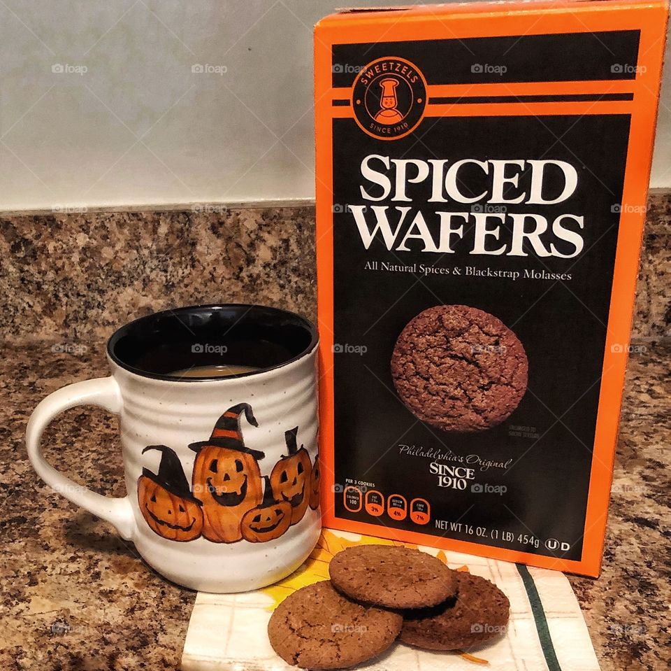Halloween Coffee mug ginger snap cookies Fall favorite Sweetzels spiced wafers 