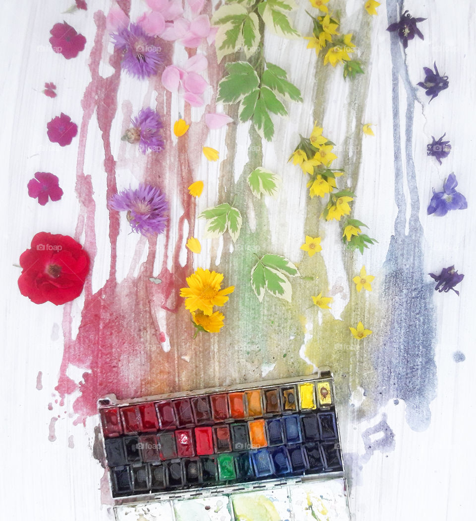 watercolor and flowers colorful flatlay