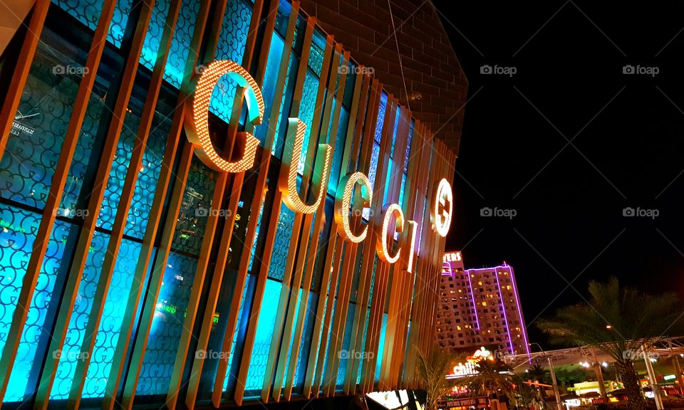 Everything in Las Vegas is completely lit up in neon! This Gucci store is certainly no exception!