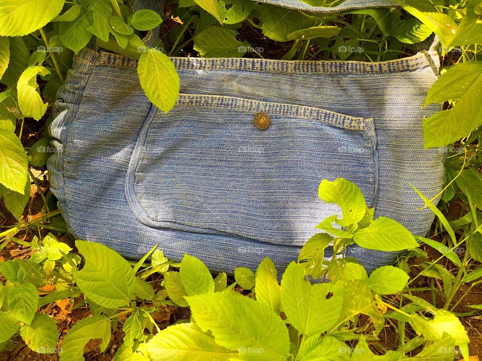 Handmade jeans bag made from old jeans trousers 