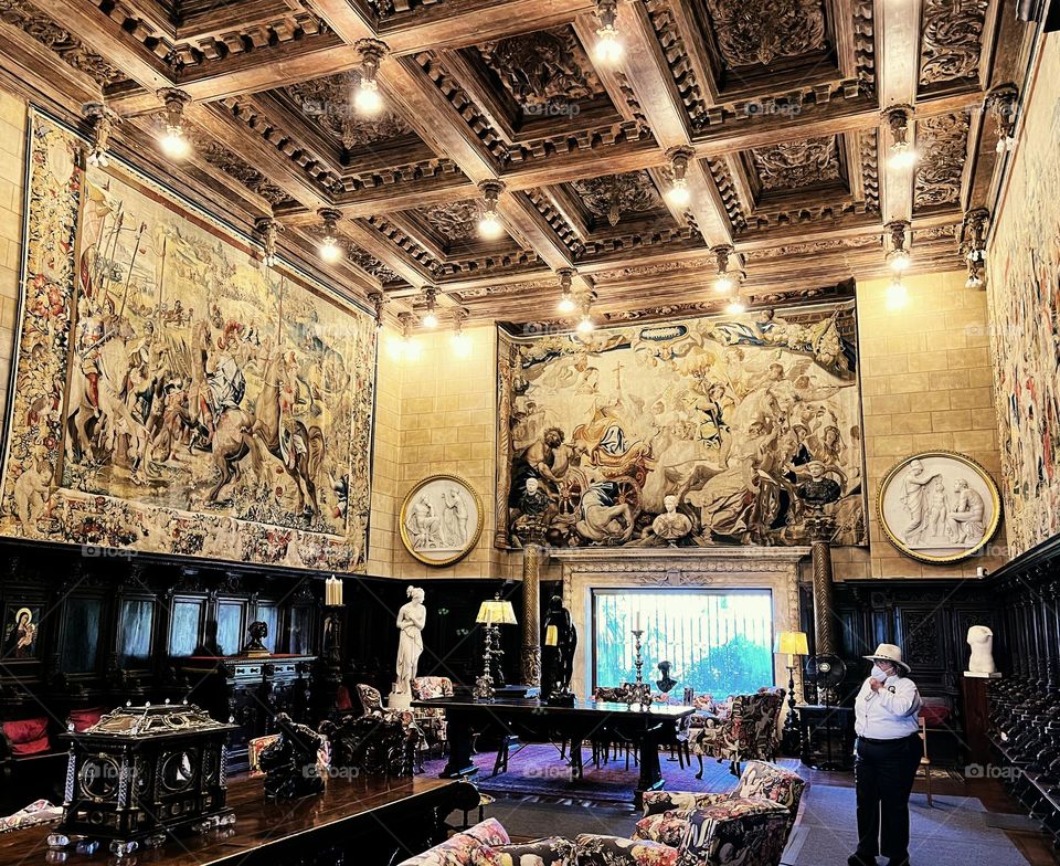 A reception area at Hearst Castle in San Simeon, CA. Whatever wasn’t imported directly from Europe was fabricated to look like medieval Europe had been brought to coastal California.