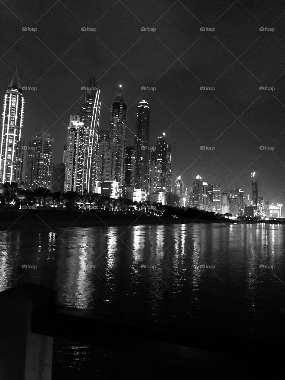 Black and white picture of tall skyscrapers in Dubai 