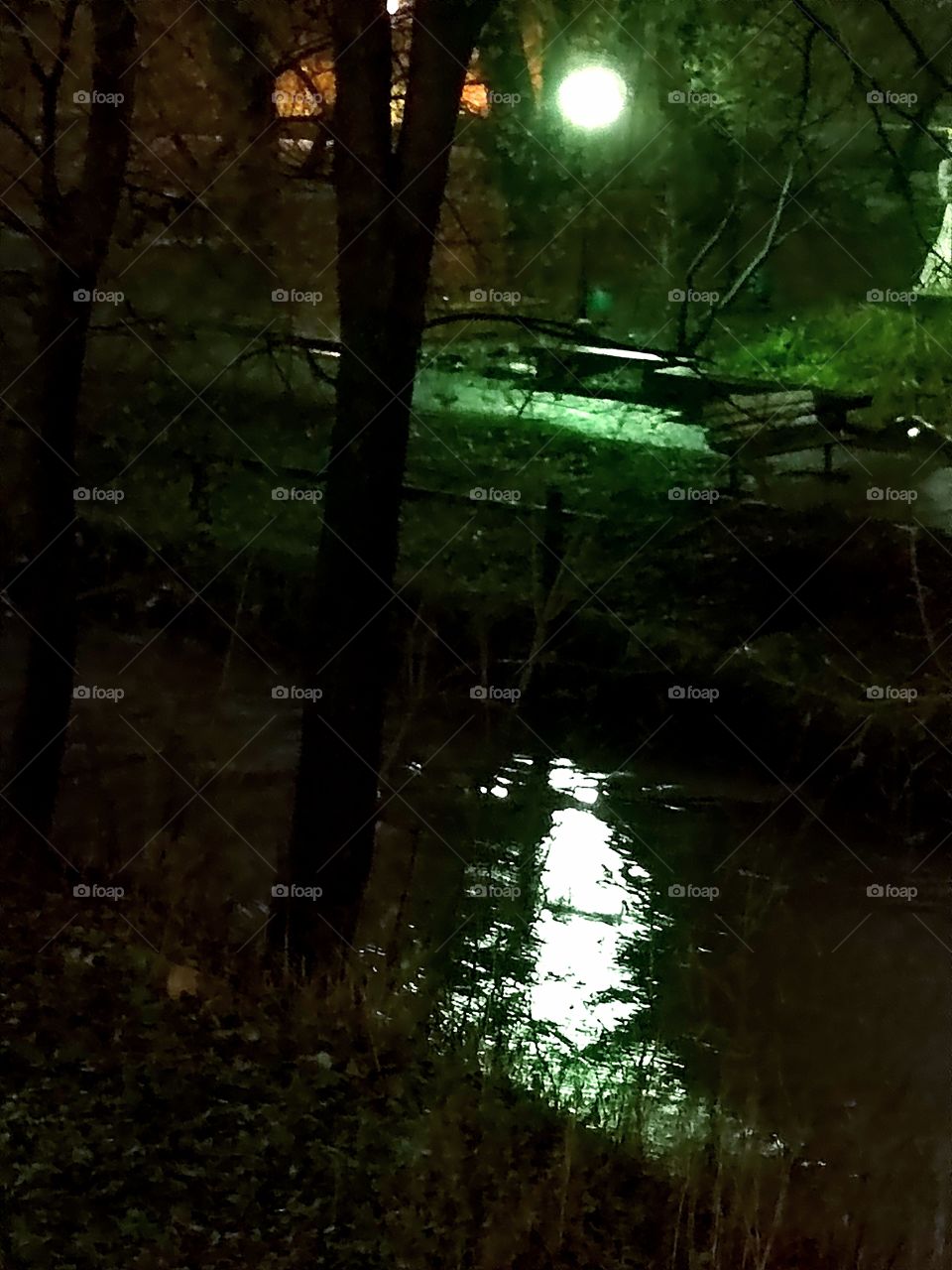 Autumn evening.  A park.  A round lantern illuminates a section of the park in green and glows in the smooth surface of the river