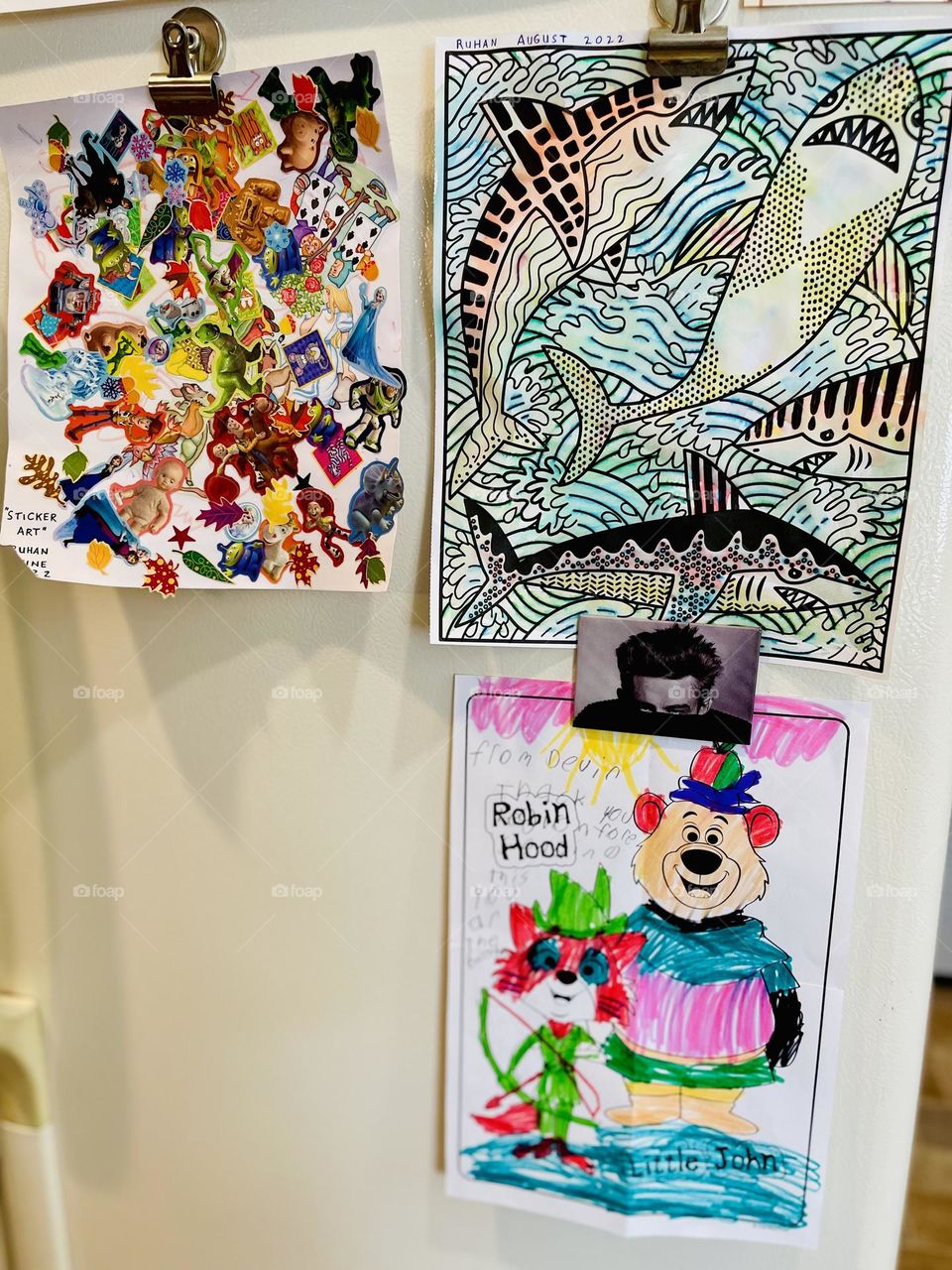 Kids art work on the fridge, art on the refrigerator, home with children in it, family lifestyle in the Midwest, love in the kitchen 