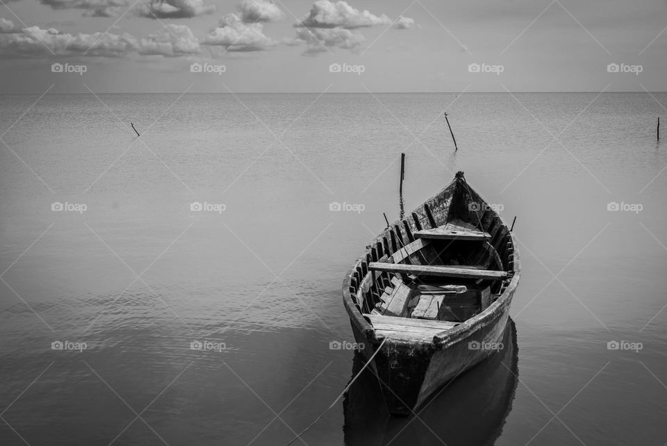 Black and white landscape view with wooden boat