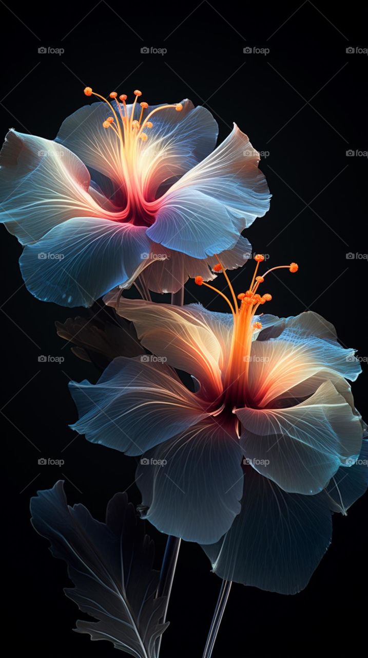 hibiscus flowers with white, orange and blue petals and roots on dark background