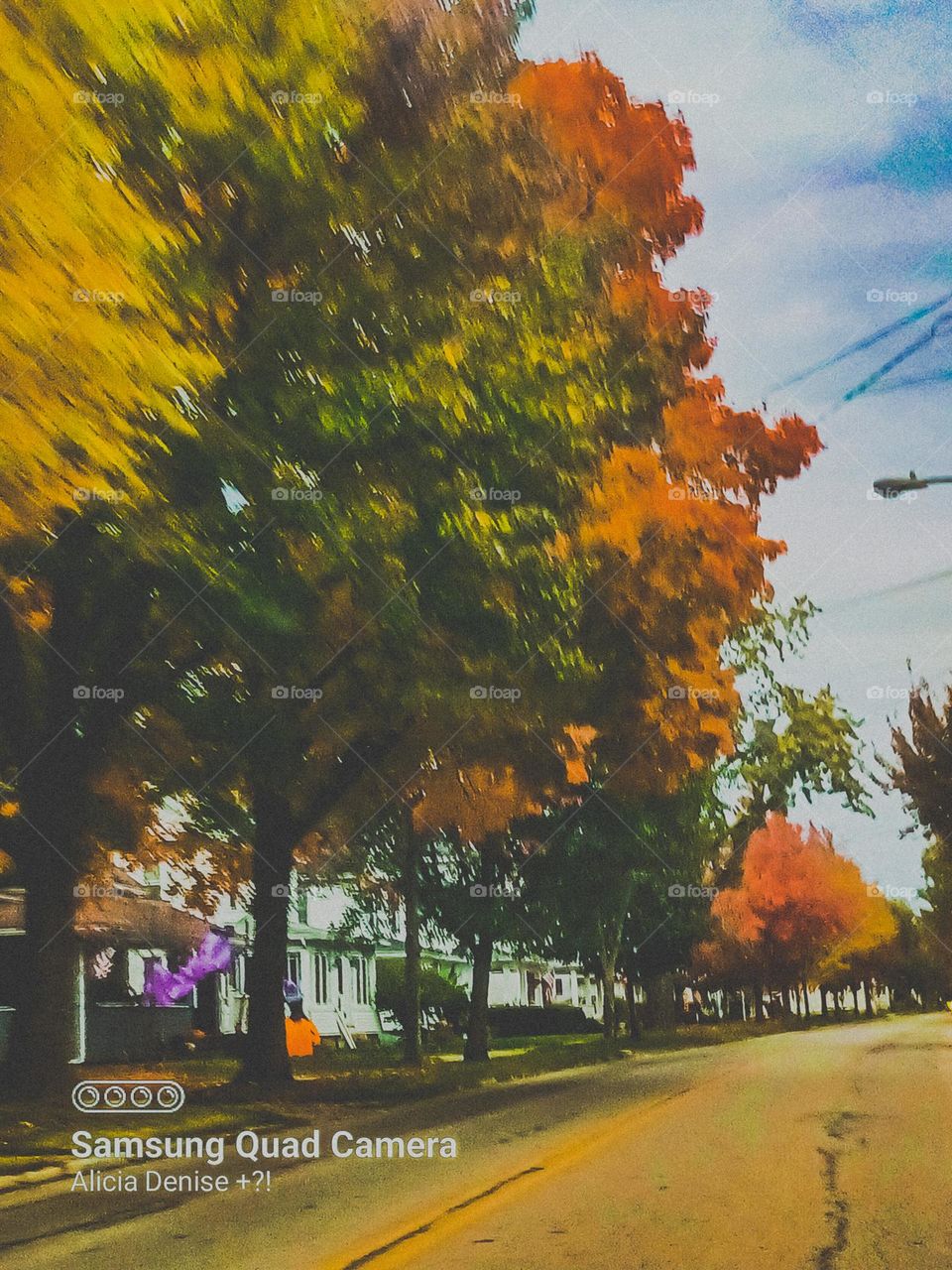 A street view of a tree lined road in a small town. Brilliant and vibrant greens and yellows and oranges and reds make the picture pop with color. street lights and wires against the blue sky and clouds. 