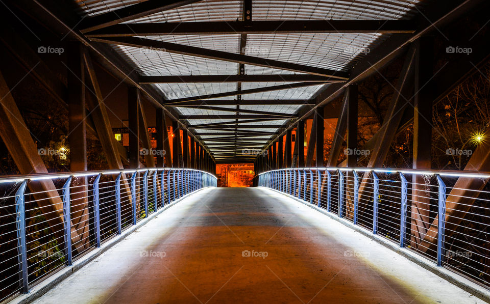 Lit up bridge at night. Industrial bridge in Milwaukee, Wisconsin before daylight. 