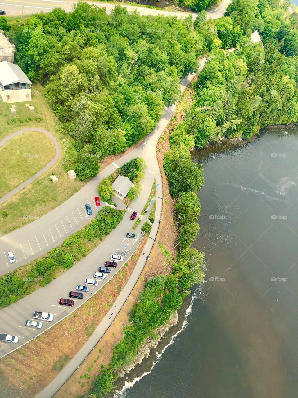 Aerial view of Penobscot Bay and coastal Maine from atop the Penobscot Bridge's observation tower, the tallest bridge observatory in the world. 