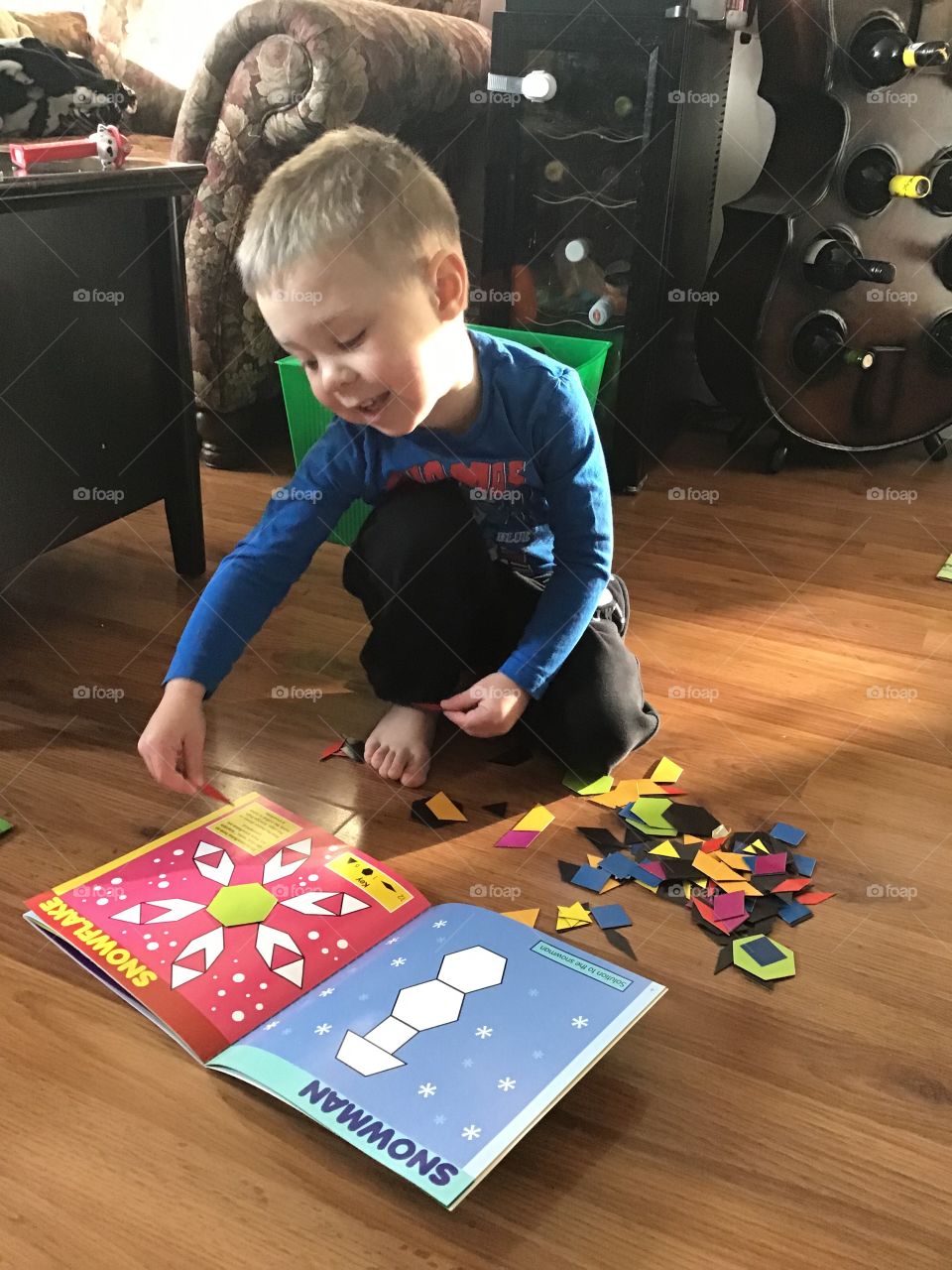 Doing tangram puzzles on a cold day 