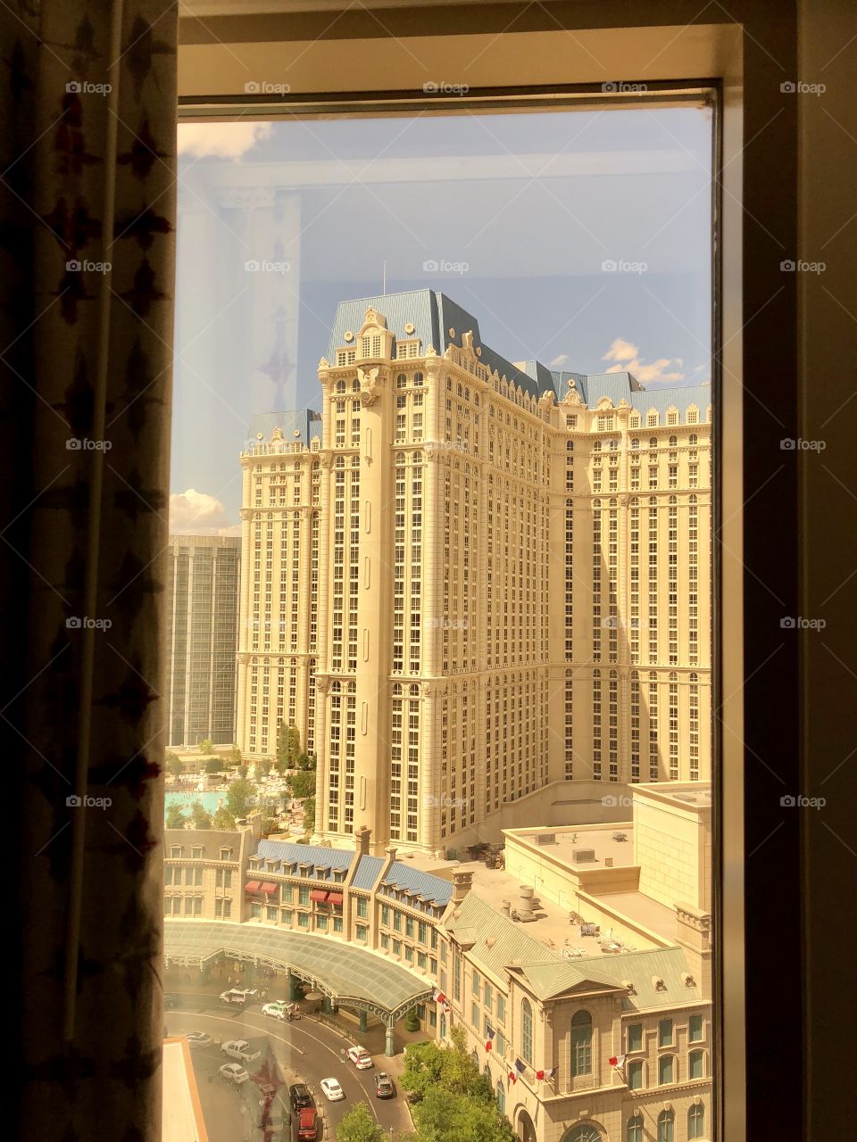 View of Paris Hotel from Planet Hollywood Hotel window.