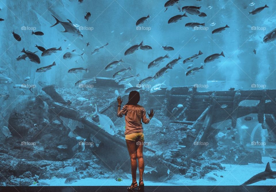 Girl standing against the big aquarium with fishes