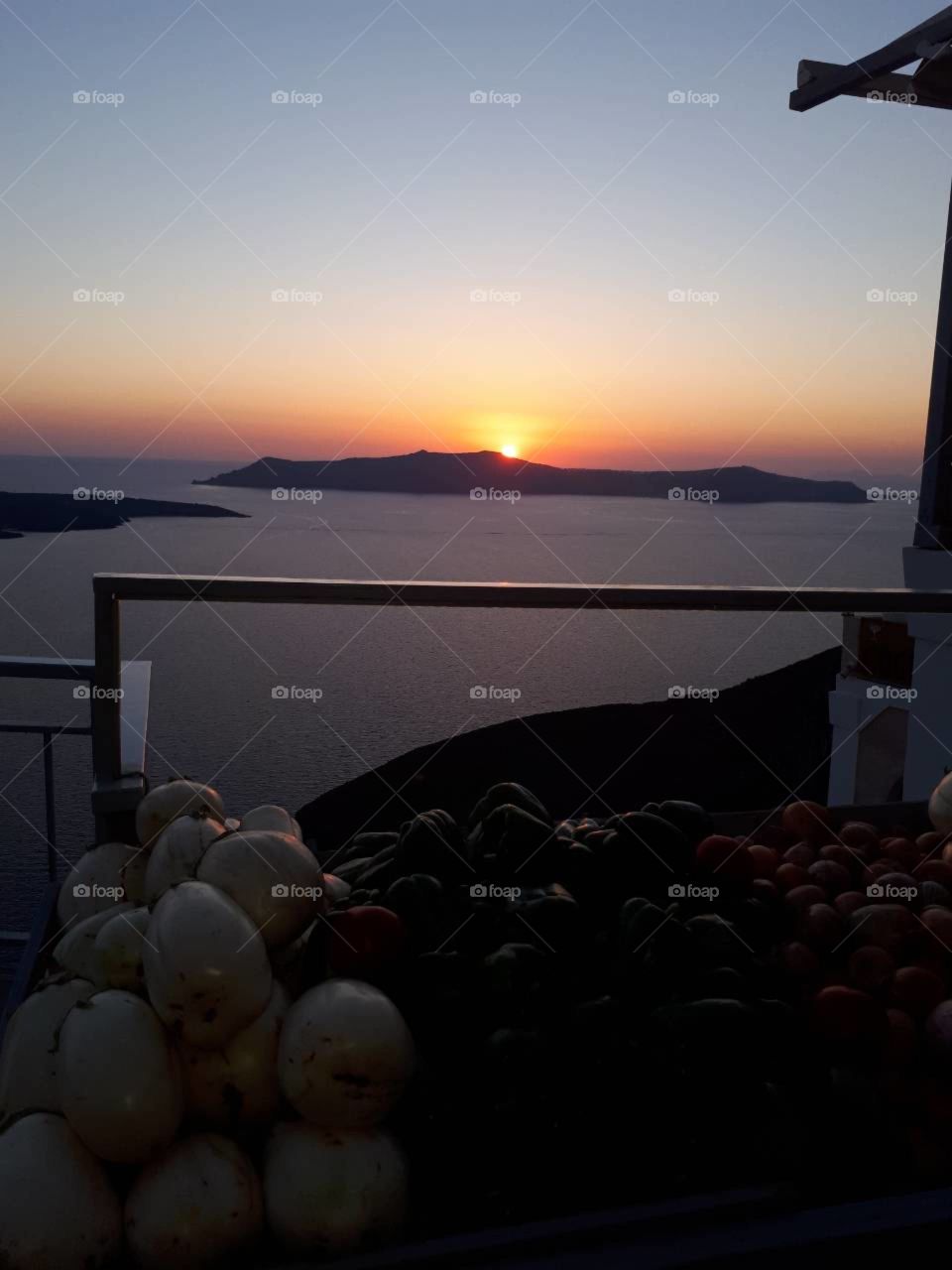Fruits and vegetables in an open balcony with Sunset view.
