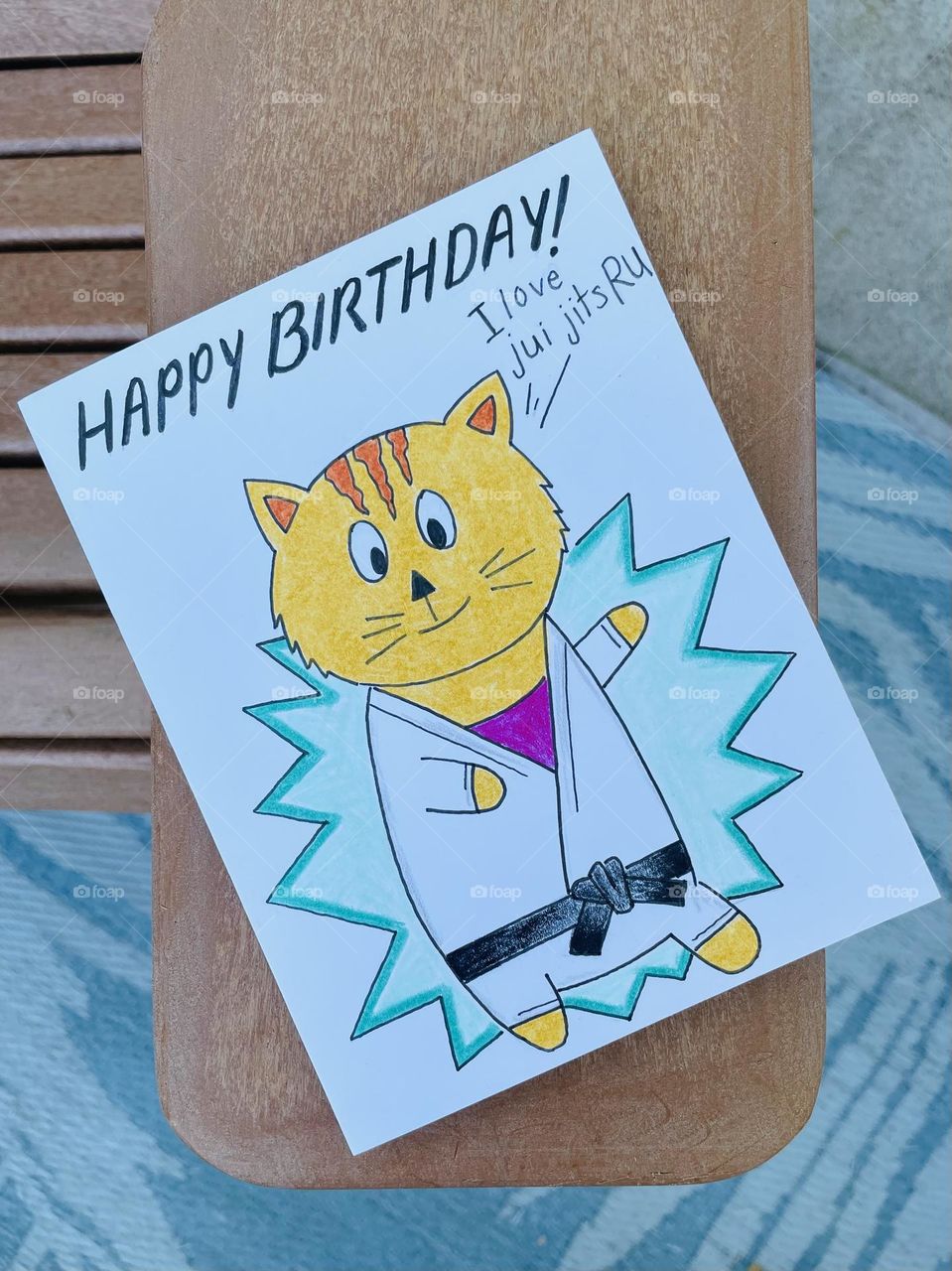 Happy Birthday card with Jiu Jitsu cat on front, creative handmade cards, making creative birthday cards for toddlers 