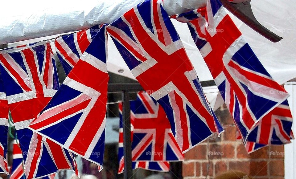Union flags, bunting, showing patriotism and national pride. 