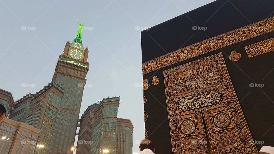 close up view of the Kaba and clocktower in makkah
