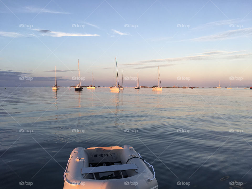 Blue Mistress at peaceful evening anchorage, Ile Glenan.