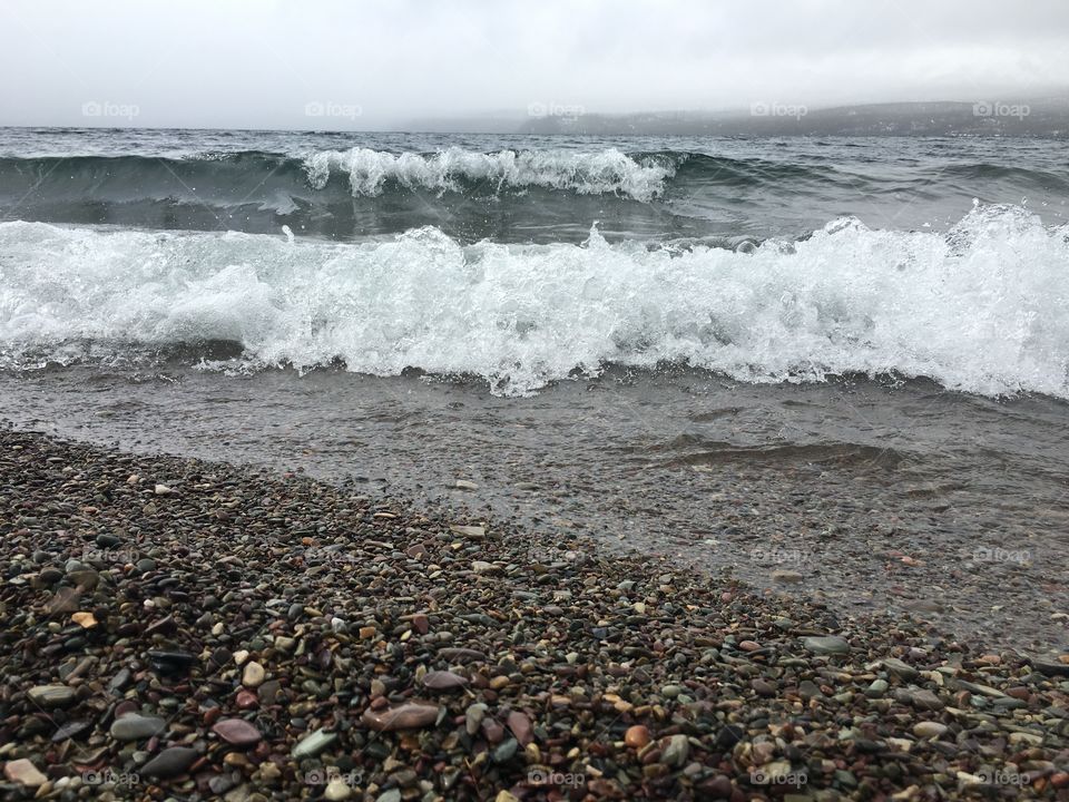 Waves crashing at Lake McDonald in Glacier National Park.