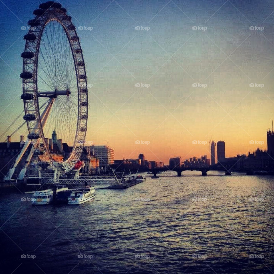 Ferris Wheel, Water, Sunset, River, Evening
