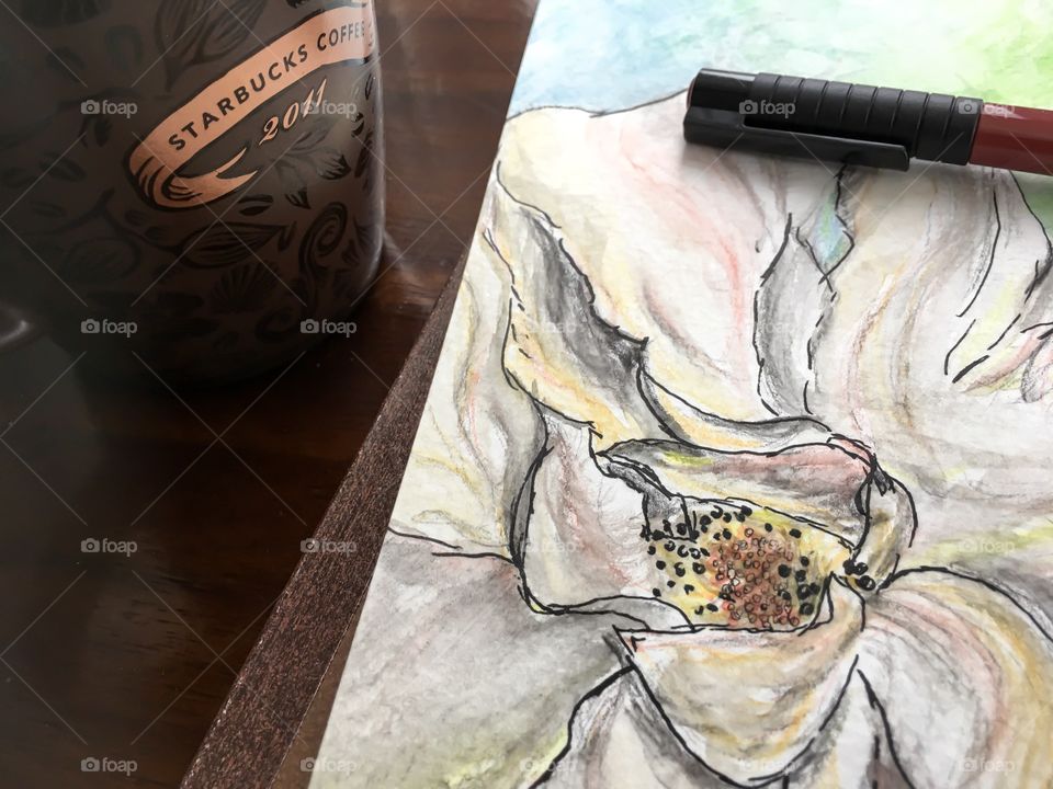 Classic Starbucks coffee mug with floral watercolor sketch on art journal Starbucks lifestyle photography 