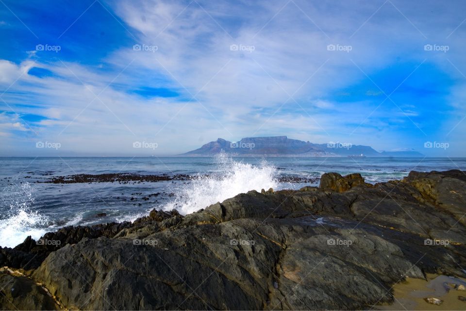 View of Cape Town, South Africa from Robben Island in the South Atlantic Ocean