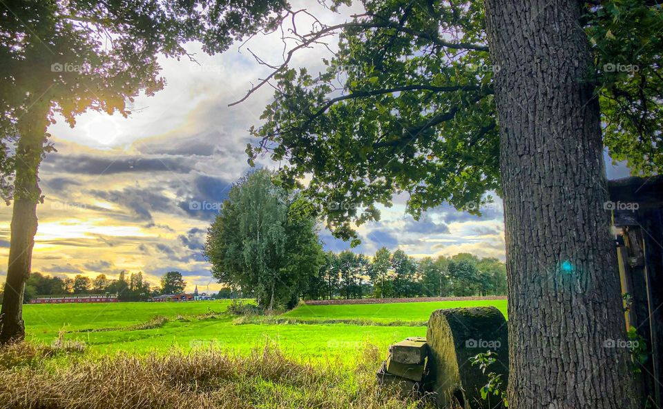 Dramatic colorful sky over a green Countryside landscape with Meadows and trees as seen from besides a shed