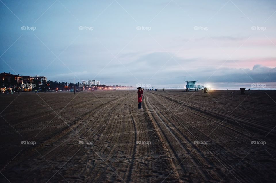 Santa Monica beach at winter night. And magical foggy dusk