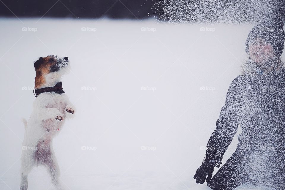 Pet owner and dog in snowy landscape