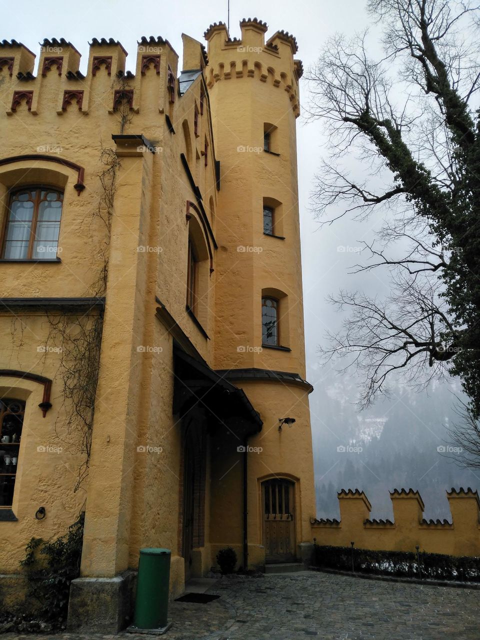 Architecture of Hohenschwangau Castle in Germany, in the background a winter landscape whit mist.