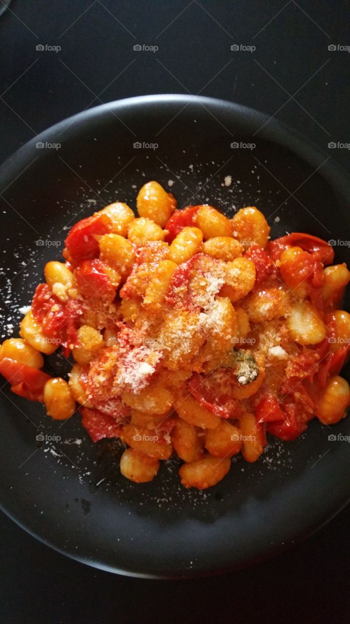 High angle view of gnocchi in cooking pan