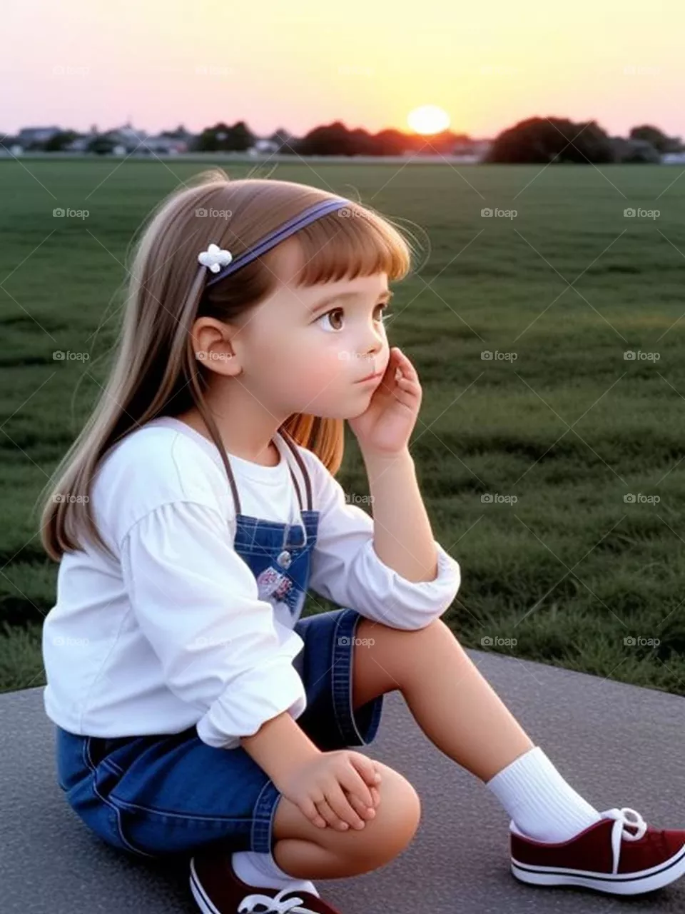 A little girl sits alone at sunset