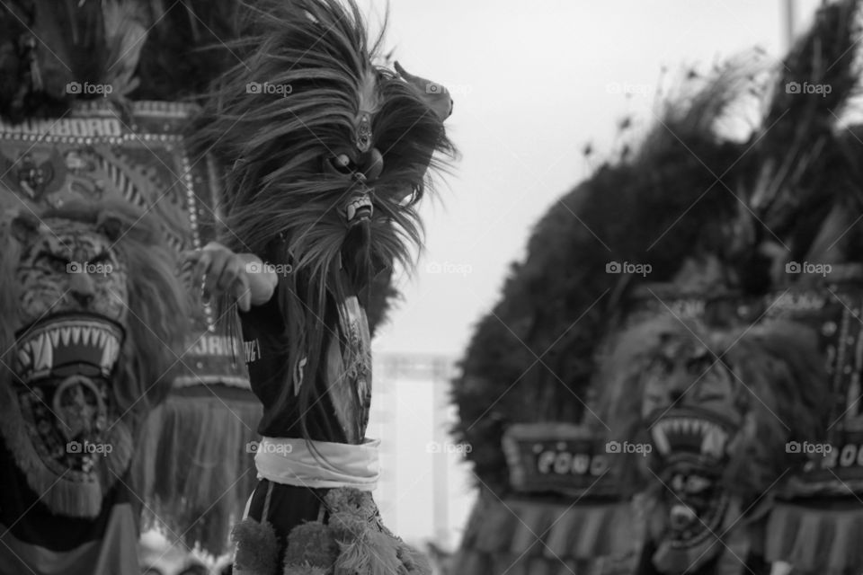 Reog Ponorogo dancer with his mask. Reog is traditional dance from, Ponorogo, Indonesia.