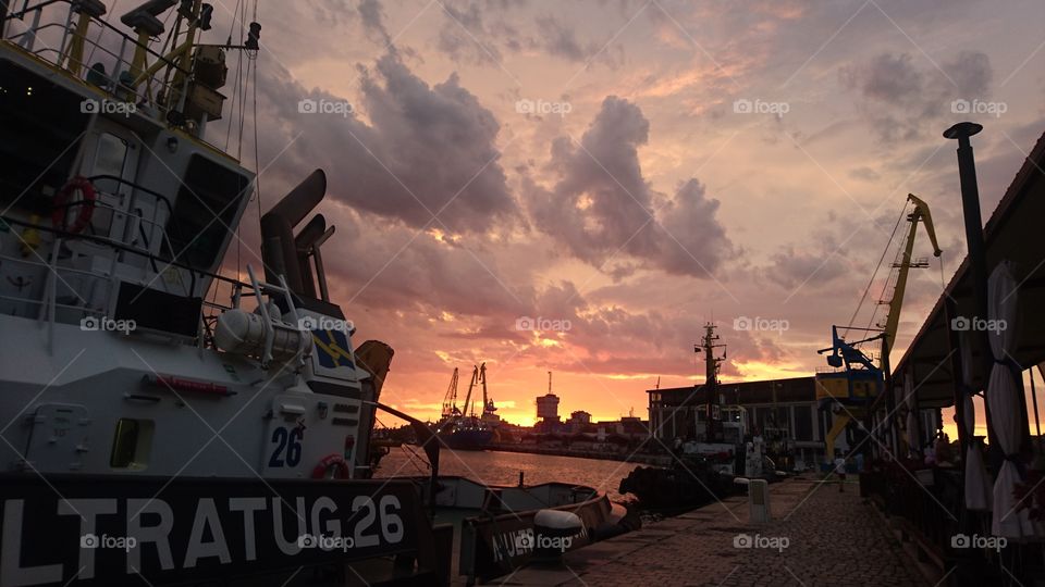 Burgas port at sunset in August