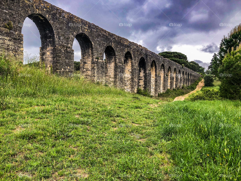 A section of the 6 kilometre aqueduct of the Convento de Cristo built 1593-1614, Tomar, Portugal 2021