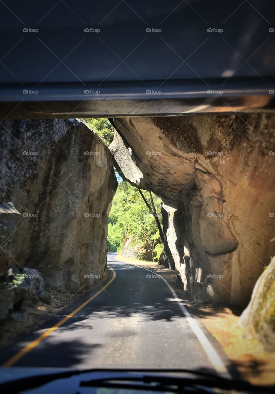 Down the straight and narrow path. 
(Entrance to Yosemite)