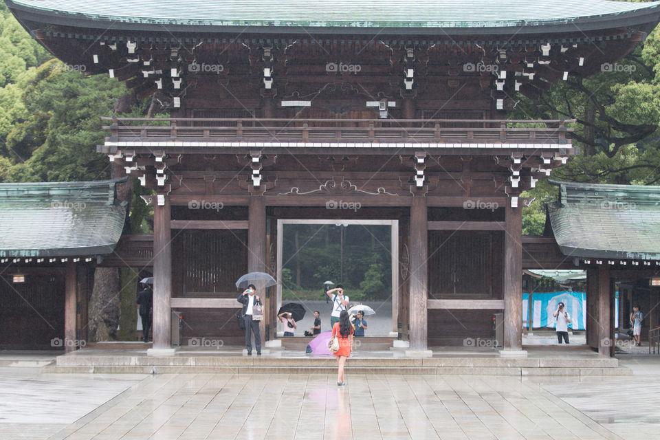 Japan temple with rain