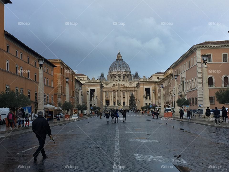Cloudy morning view of the Basilica of St. Peter in Vatican City on New Year’s Day, 2018. 