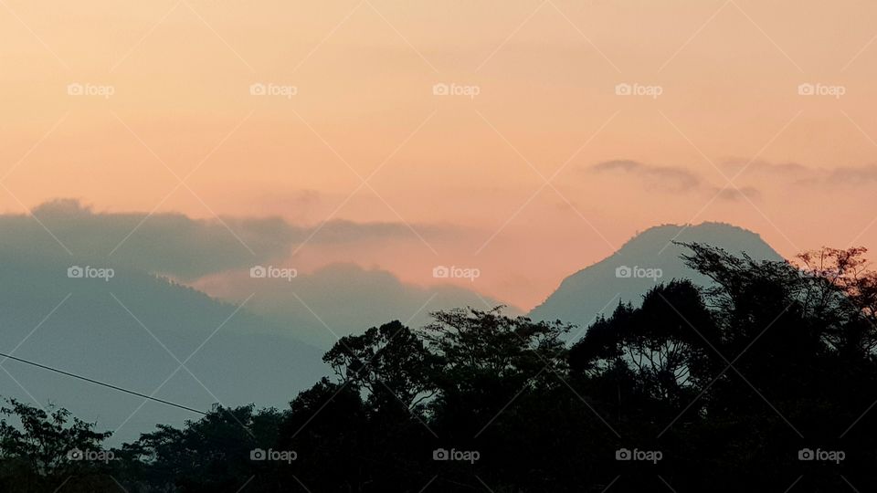see the beautiful scenery of sunset time near tree field and a couple of big mountains.