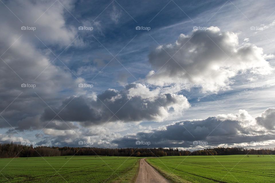 Autum landscape with dramatic  white clouds