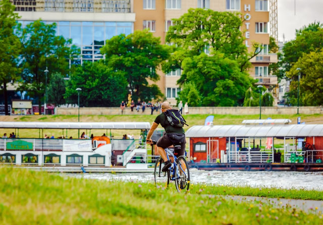 Biking by Vistula river in Krakow, Poland