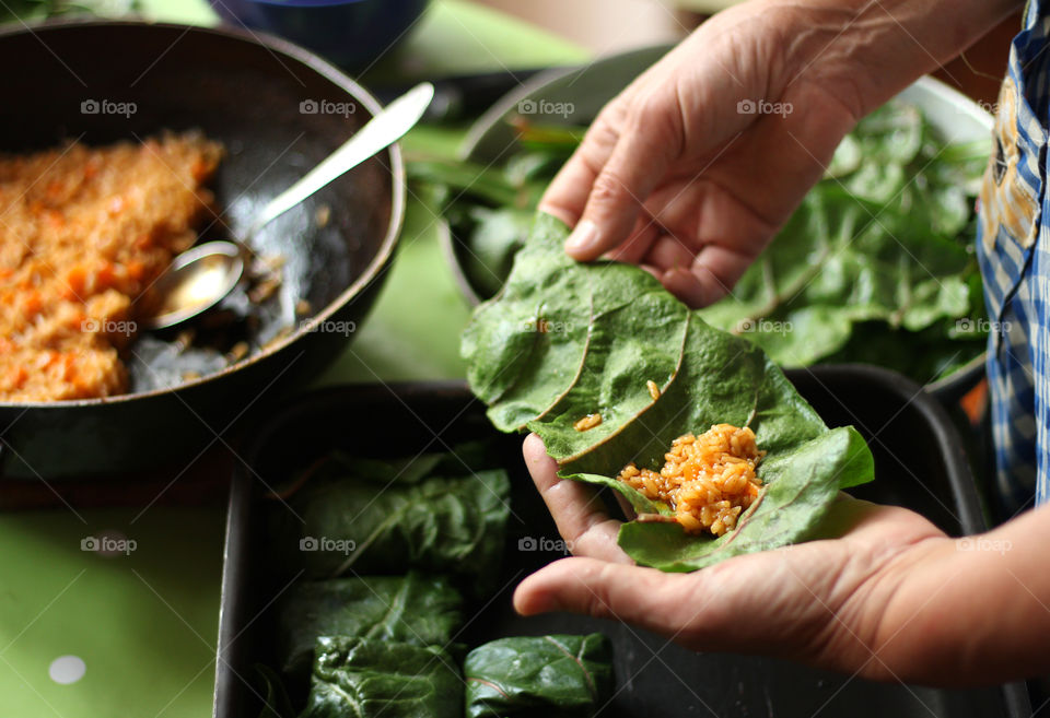 Home cooking, hands holds green leaf and rice